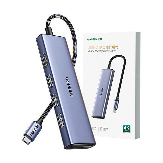 Hub USB-C UGREEN 20956A, 6-port, 3x USB-A 3.0, HDMI 4K 30Hz, SD/TF, 5Gbps - Argjend 3