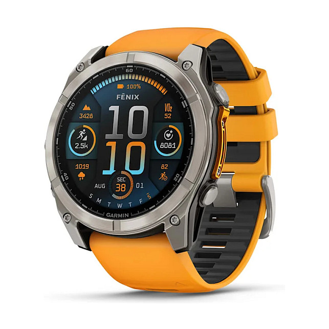 Orë e mençur Garmin fēnix 8, 51mm, AMOLED 1.4", Sapphire, GPS Multi-Band, 32GB, Titan – Portokalli/Hiri