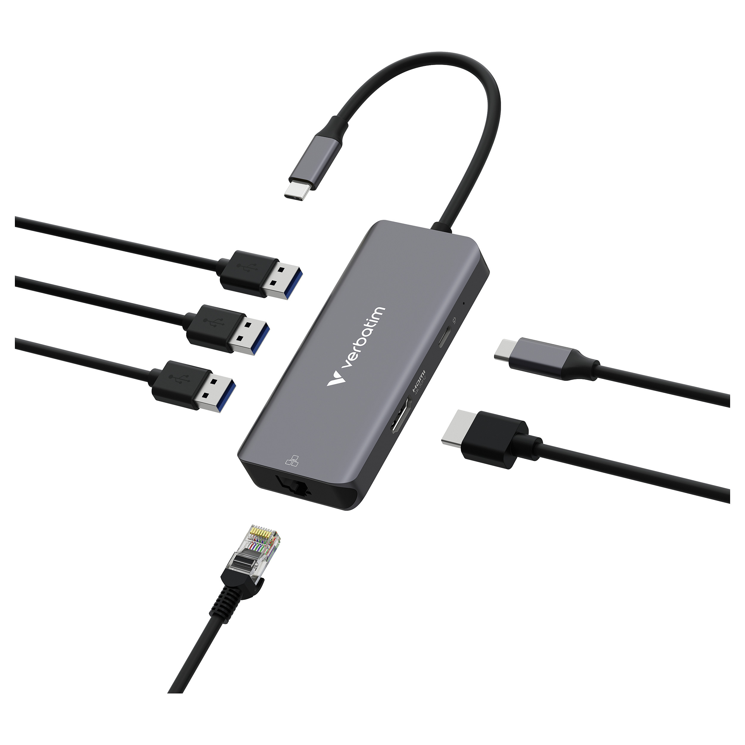 Hub USB-C Verbatim 32157, 6 Porta, HDMI 4K 30Hz, 3x USB-A 3.2 Gen 1, Gigabit Ethernet, USB-C PD 100W – Gri 2