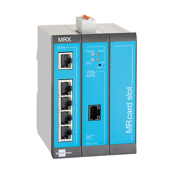 INSYS icom MRX5 LTE 1.1, Ruter Industrial 4G LTE, 5× Fast Ethernet 10/100 Mbps, 2× Hyrje Digjitale (DI), 3× Slot Zgjerimi MRcard, VPN, Firewall, Montim në DIN-Rail – Gri/Blu 4