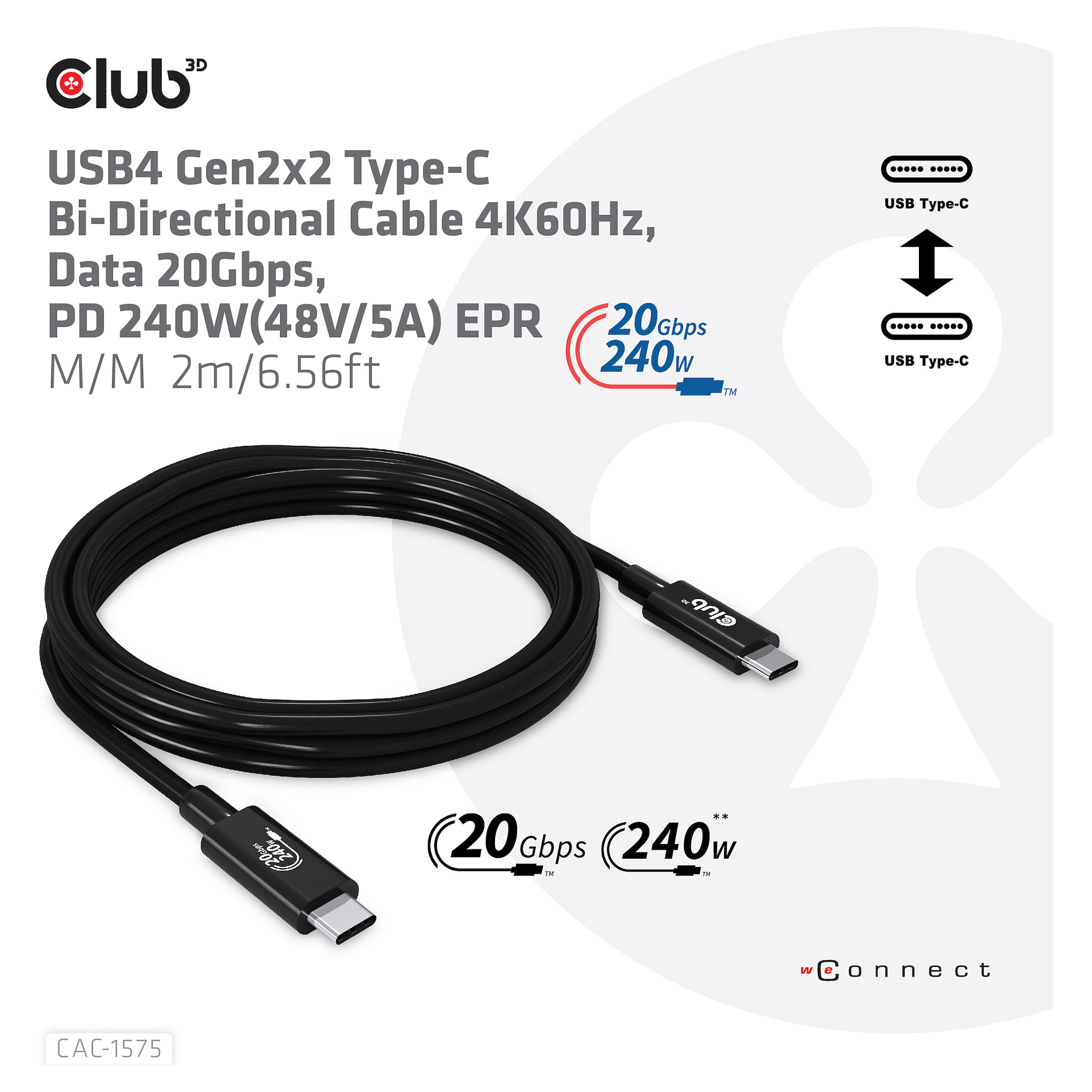 Kabllo USB Club 3D CAC-1575, USB4, USB-C në USB-C, 20 Gbps, 240 W, 2 m - Zezë 6