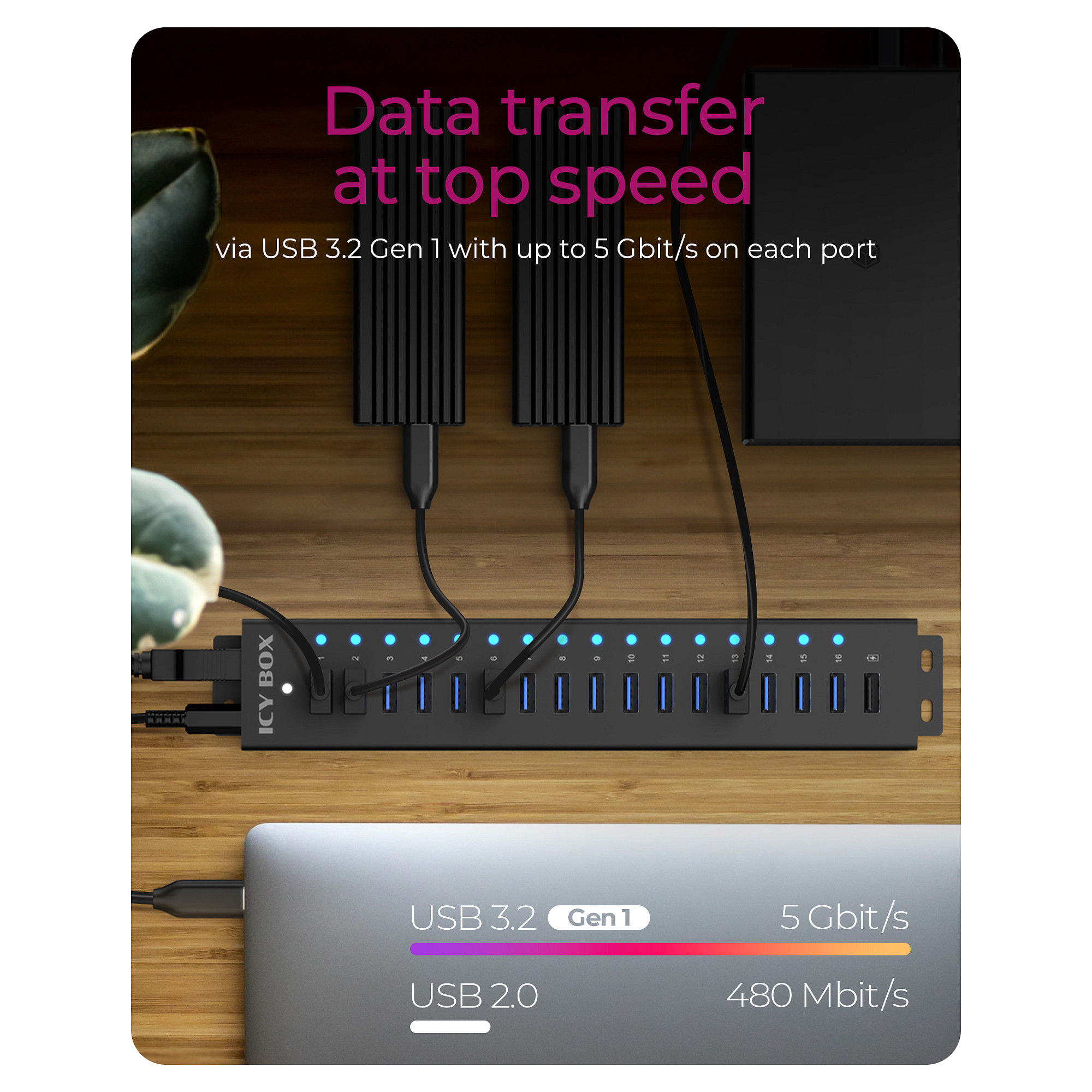 Hub ICY BOX IB-HUB1717-U3, 16x USB-A 3.2 Gen 1, 1x USB-A për karikim, 5Gbps, 7.5W, 96W - Zezë 5