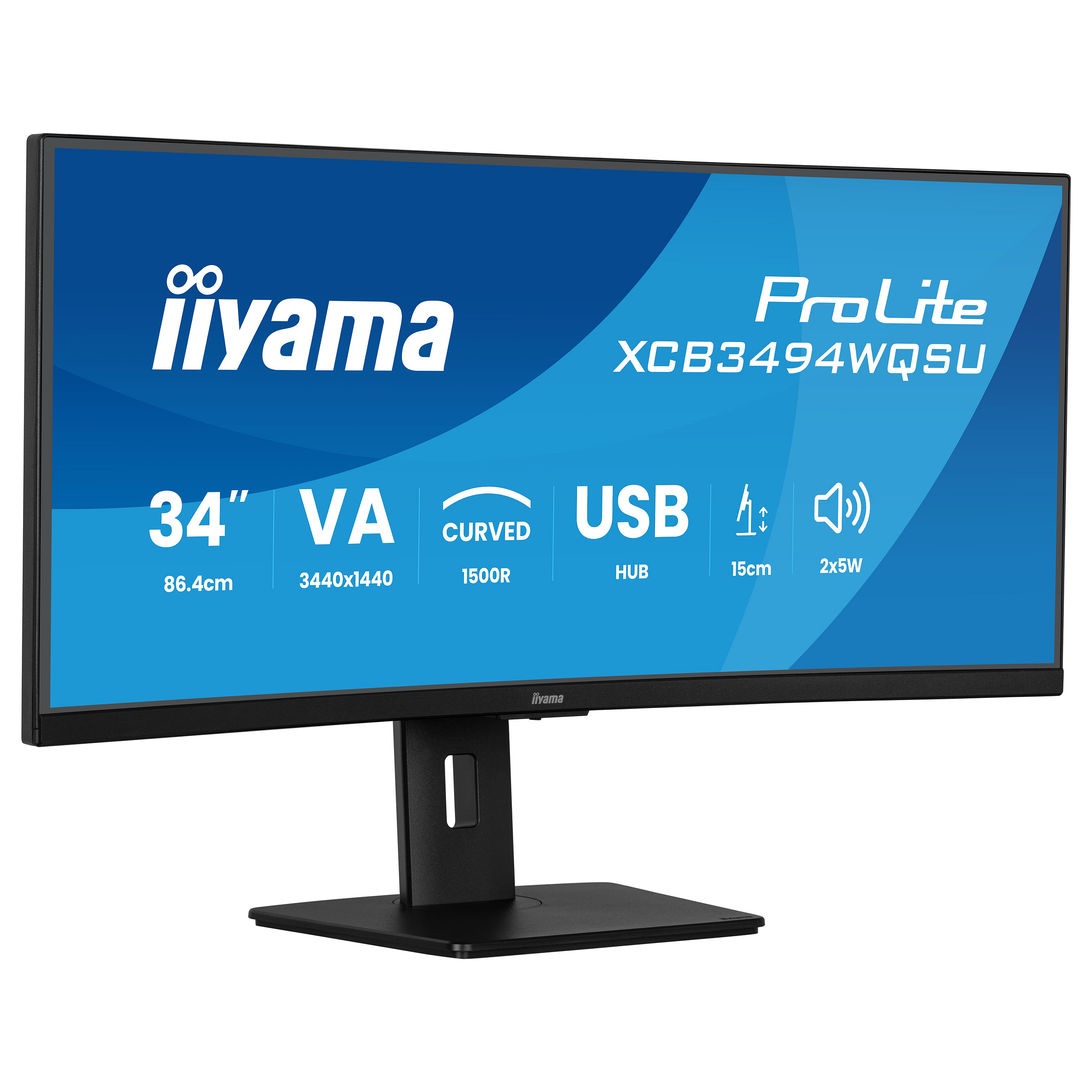 Monitor iiyama ProLite XCB3494WQSU-B1, 34", Curved UWQHD VA, 120Hz, 0.4ms, HDMI, DisplayPort, USB Hub, Altoparlantë – Zezë