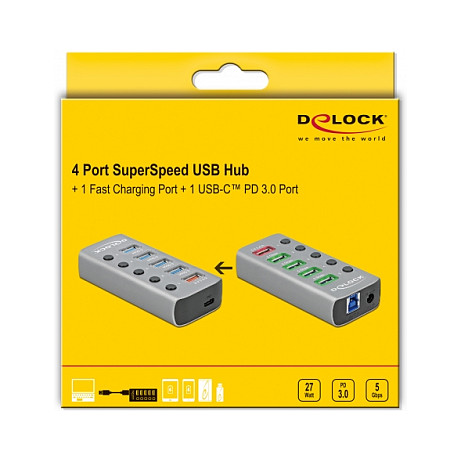 Hub DeLOCK 63263, 4x USB-A, USB 5Gbps, USB-A Karikim 2.4A, USB-C PD 3.0, 5x Ndërprerës, Furnizim i Jashtëm - Gri 5