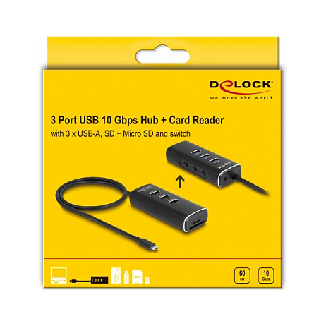 Hub USB DeLOCK 64234 / USB 10 Gbit/s / 3x USB-A / SD + Micro SD / USB-C / 0.6 m / Ndërprerës - Zezë 5