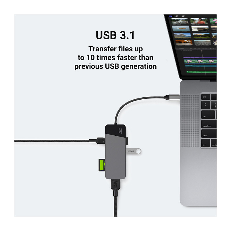 Qendër USB-C Green Cell HUBGC01, 7-në-1, 4K 60Hz, 85W, i hirtë 3