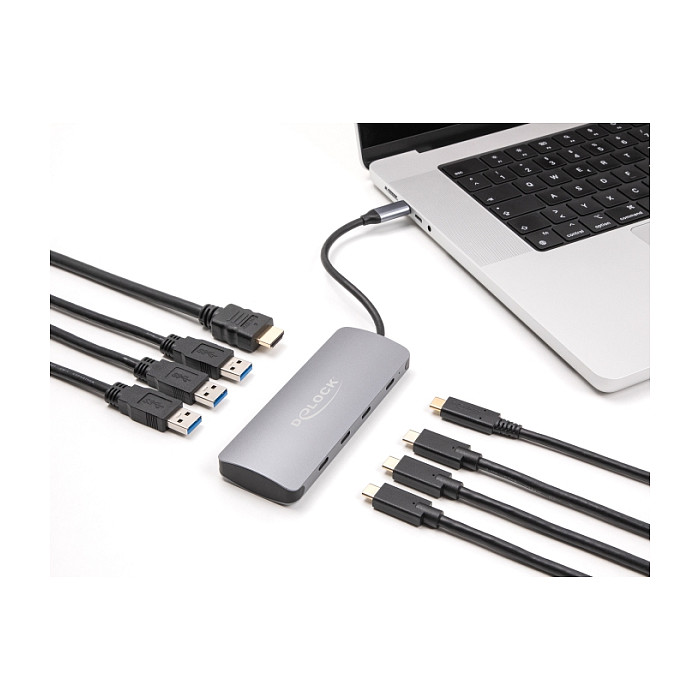 Hub USB DeLOCK 64323 / USB 10 Gbit/s / 3x USB-A + 4x USB-C / HDMI 4K @ 60Hz / Power Delivery 90W / 0.15 m - Gri 3