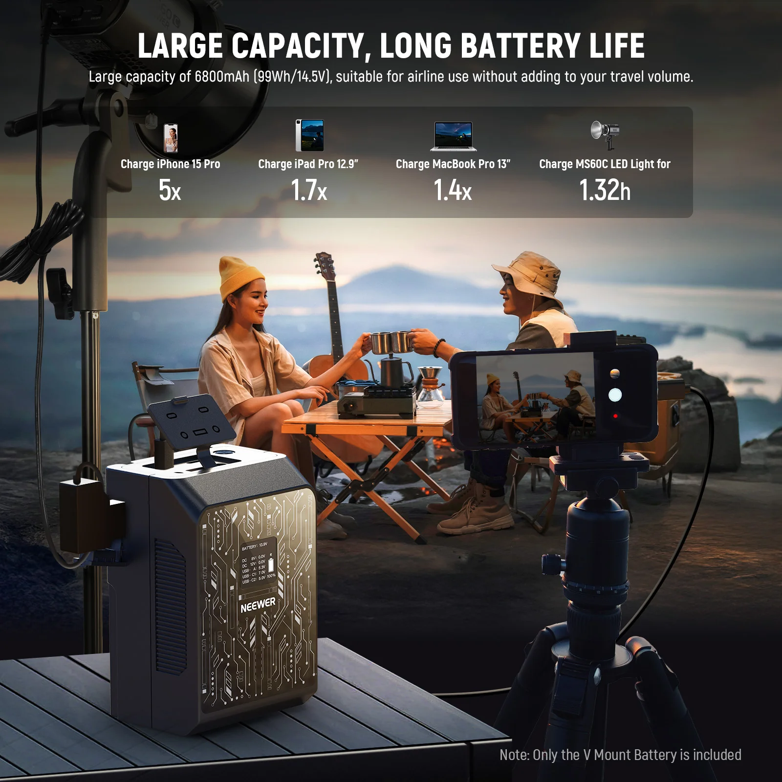 Bateri V-Mount për Kamerë Neewer PS099S, 6800mAh, 99Wh, 14.5V, 100W PD, D-Tap, USB-C, Kontroll me Aplikacion - Zezë 2