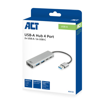Hub USB-A ACT AC6125, 2x USB-A, 2x USB-C, USB 3.2 Gen 1, 5 Gbps, Portë USB-C për Furnizim Shtesë me Energji, Kabllo 12 cm, Korpus Alumini – Gri 2