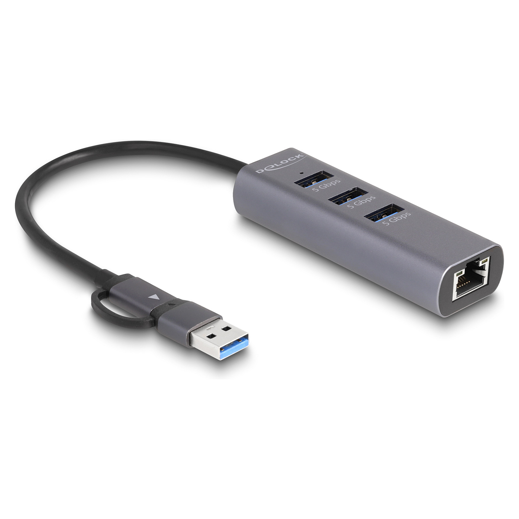 Hub USB DeLOCK 64282 / 3 Porta / USB 5 Gbps / Gigabit LAN / USB Type-C dhe Type-A / 20 cm - Gri 2