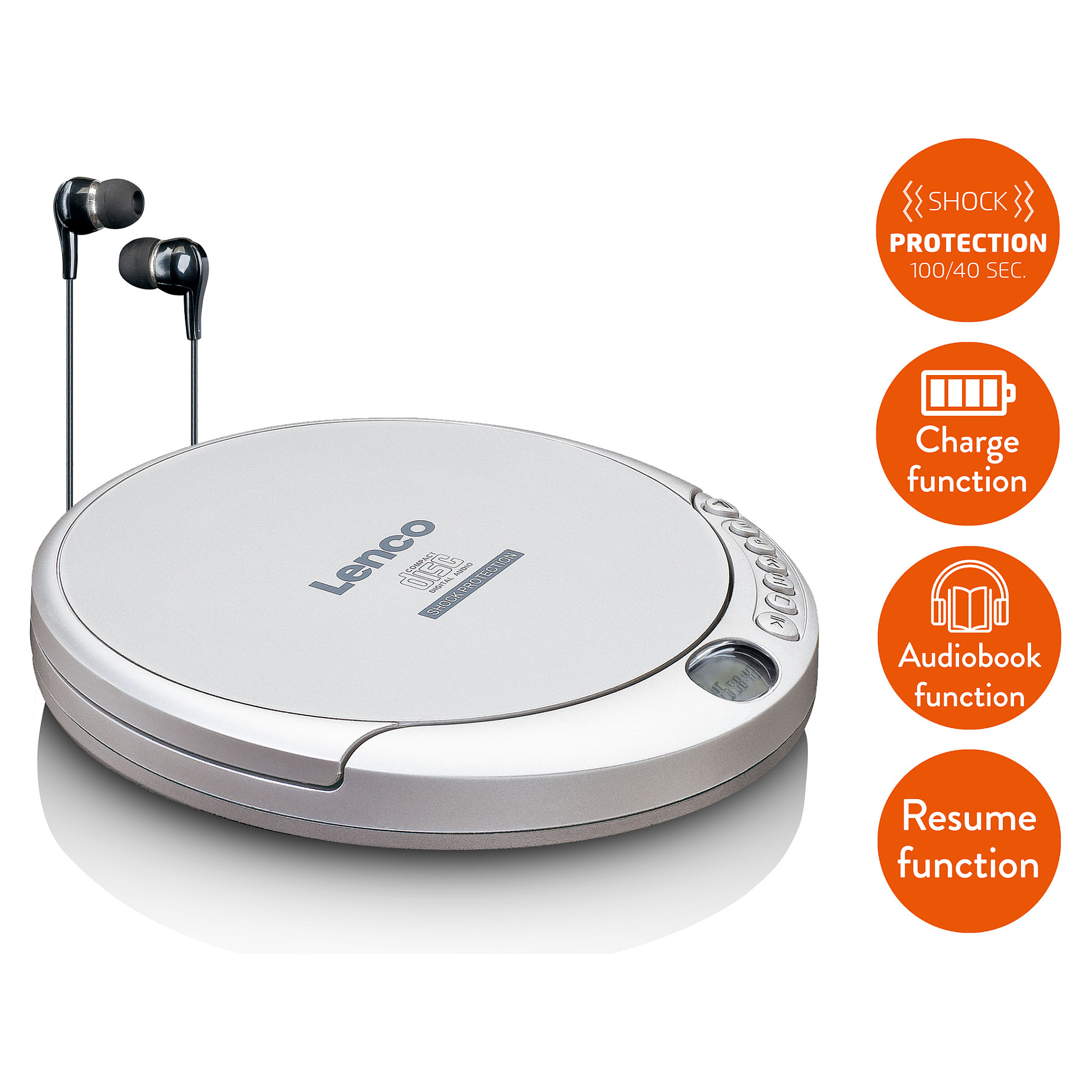 CD Player portativ Lenco CD-201, MP3, Memorie kundër goditjeve 100 sekonda, LCD, dalje 3.5 mm - Argjend 4