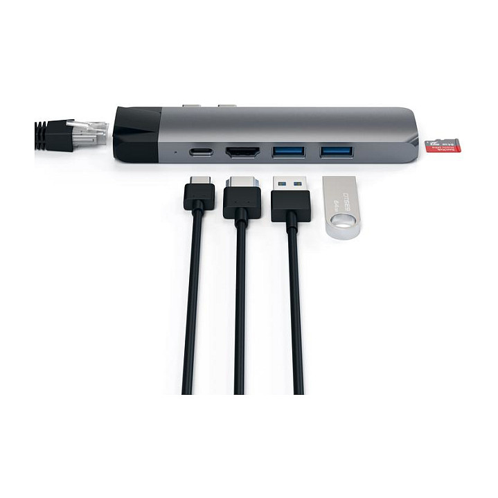 Hub USB-C Satechi ST-TCPHEM, 2x USB-A, USB-C, HDMI 4K, Ethernet Gigabit, microSD, PD 87W - Hiri 2