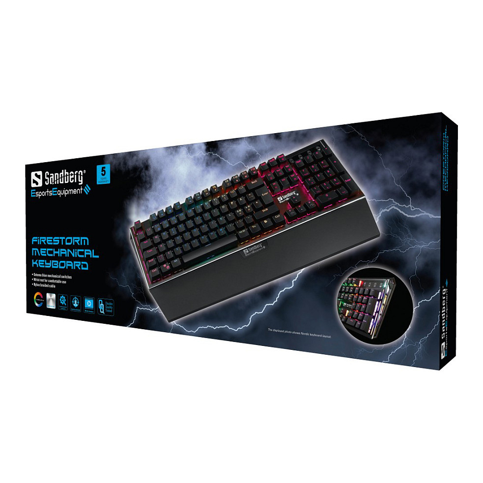Tastierë Gaming Sandberg FireStorm Mech Keyboard BE / USB / Mekanike Outemu Blue / 104 Çelësa / AZERTY / Belgian / RGB / 1.8m - Zezë 2
