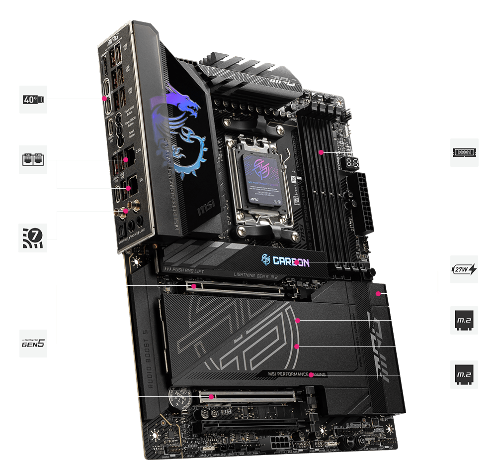 Pllakë Amë AMD MSI MPG X870E CARBON WIFI, ATX, AM5, X870E Chipset, DDR5 , PCIe 5.0, WiFi 7, Bluetooth, M.2 PCIe 5.0, USB-C 3