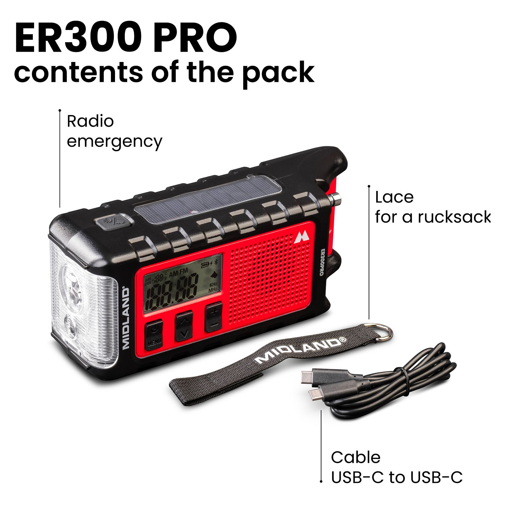 Radio Emergjence Midland ER 300 Pro, Bateri Li-Ion 10.000 mAh, USB-C – Zezë, Kuqe 6