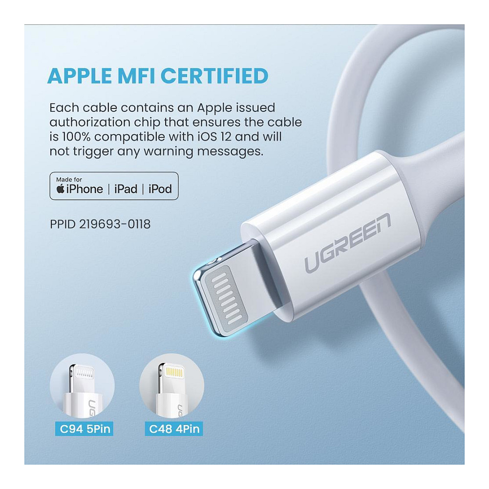 Kabllo USB UGREEN Lightning → Type‑C / 1 m – Bardhë thumbnail 4