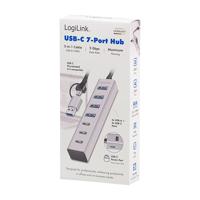 Hub USB LogiLink UA0442, 4x USB-A, 3x USB-C, 5Gbps, kabllo 2-në-1 - Argjend 4