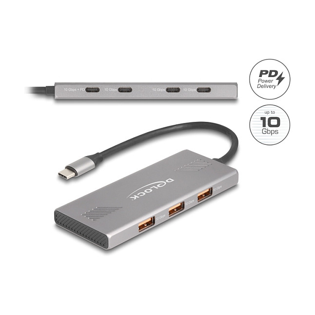 Hub USB DeLOCK 64313 / USB 10 Gbit/s / 4x USB-C + 3x USB-A / Power Delivery 80W / 0.18 m - Gri 2