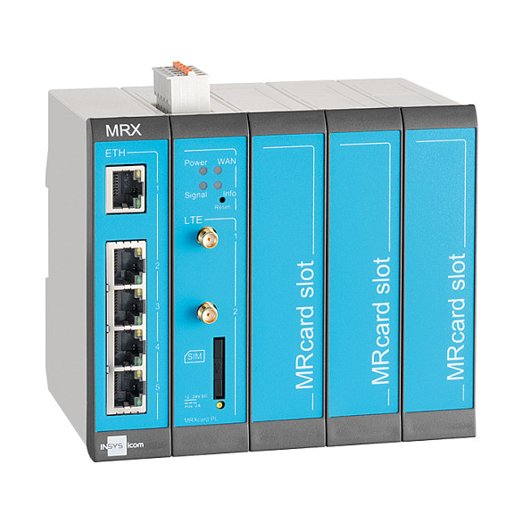 INSYS icom MRX5 LTE 1.1, Ruter Industrial 4G LTE, 5× Fast Ethernet 10/100 Mbps, 2× Hyrje Digjitale (DI), 3× Slot Zgjerimi MRcard, VPN, Firewall, Montim në DIN-Rail – Gri/Blu