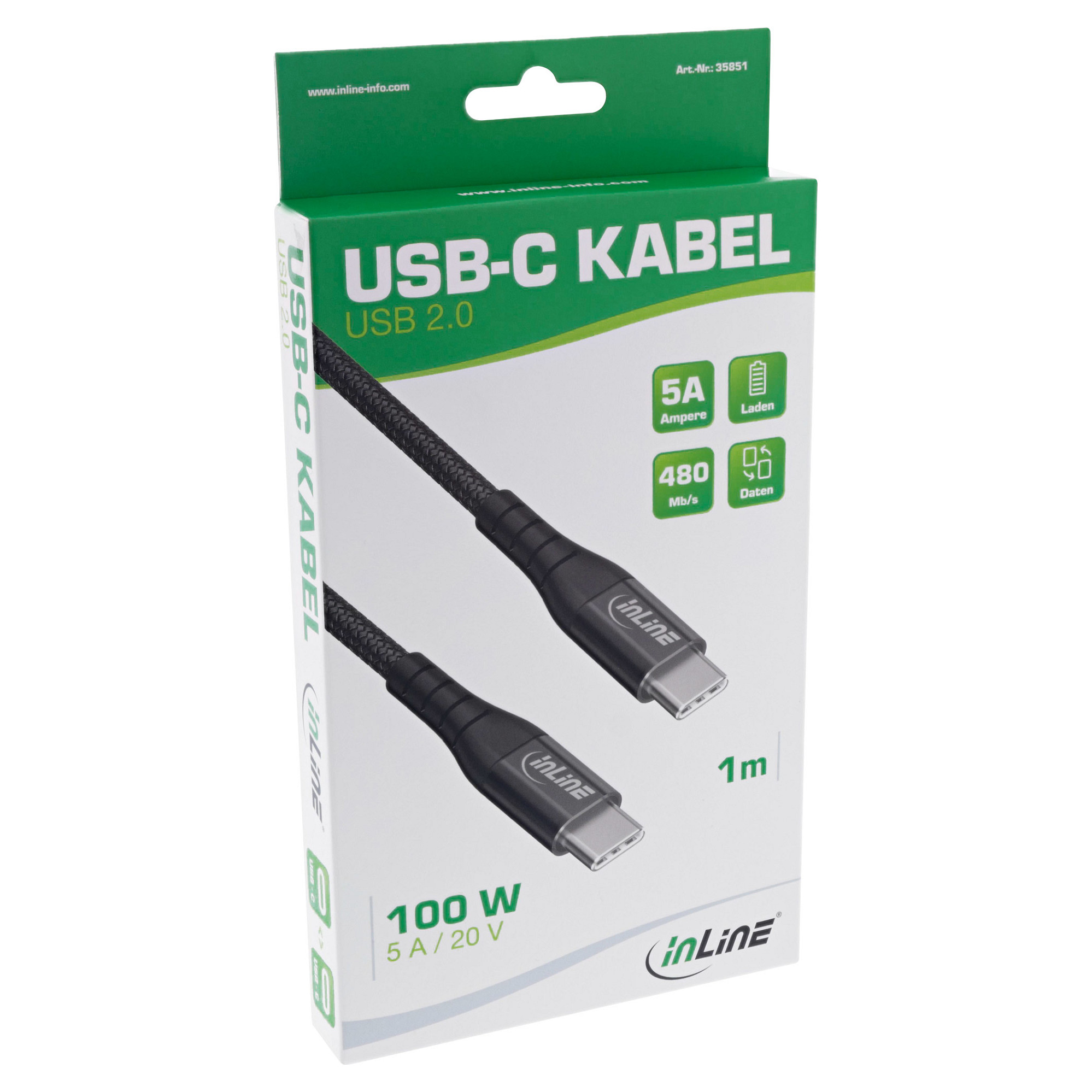 Kabllo USB InLine 35851, USB-C në USB-C, 1 m, 100 W, USB 2.0, veshje tekstili - Zezë 2
