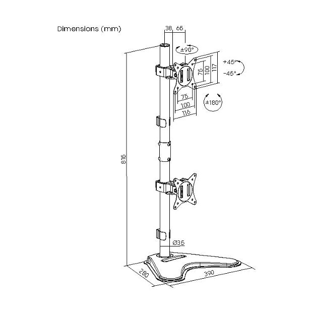 Mbajtëse për Monitor Equip 650128 / 2 Monitorë / 17–32" / deri 9kg për Monitor / VESA 75x75 & 100x100 / Vertikale / Lartësi e Rregullueshme - Zezë 10