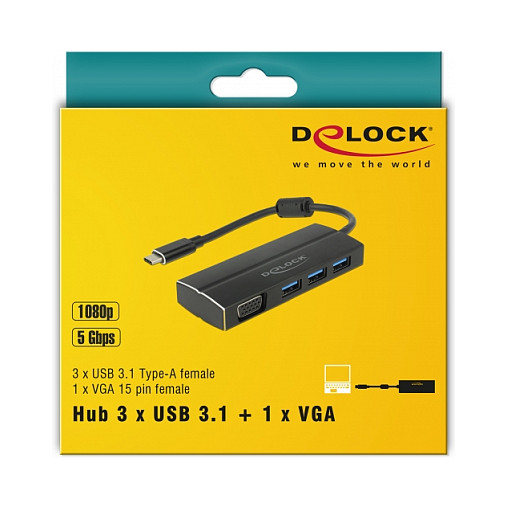 Hub USB DeLOCK 63932 / USB-C / 3x USB-A / USB 3.1 Gen 1 / VGA / 5 Gbit/s / 15 cm - Zezë 3