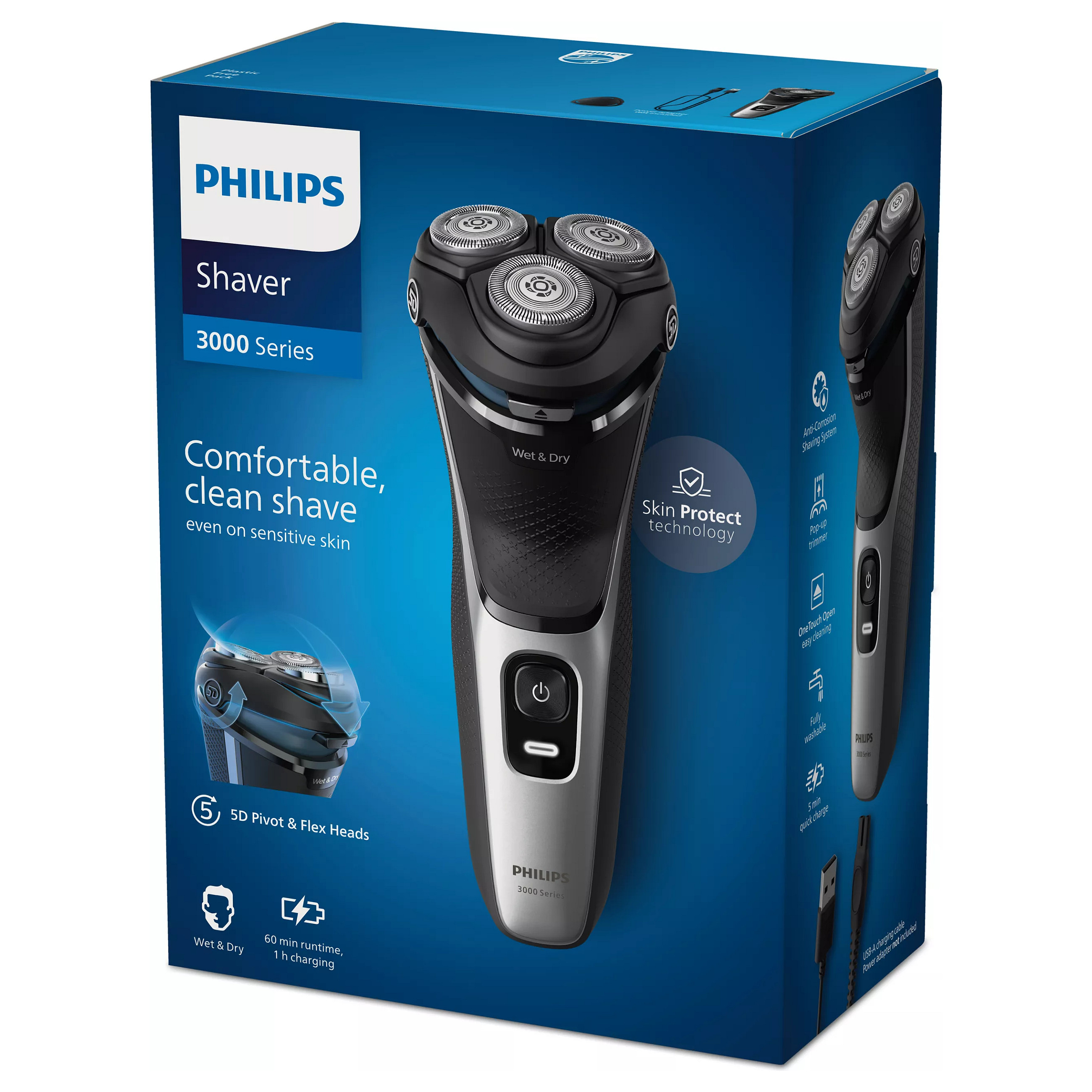 Makinë e Rrojës Philips Series 3000 S3143/00, 27 Tehe PowerCut, 5D Pivot & Flex, Wet & Dry, 60 Min - Argjend, Zezë 3