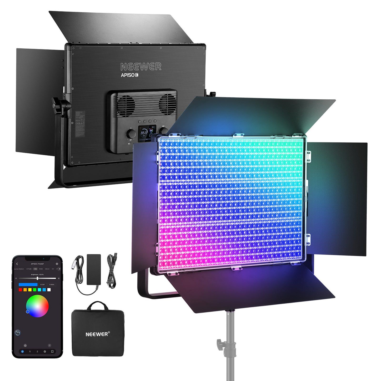 Dritë e Mençur Neewer AP150C, RGBWW, 150W, 42500Lux, 2500-10000K, CRI 96+, TLCI 97+, DMX - Zezë
