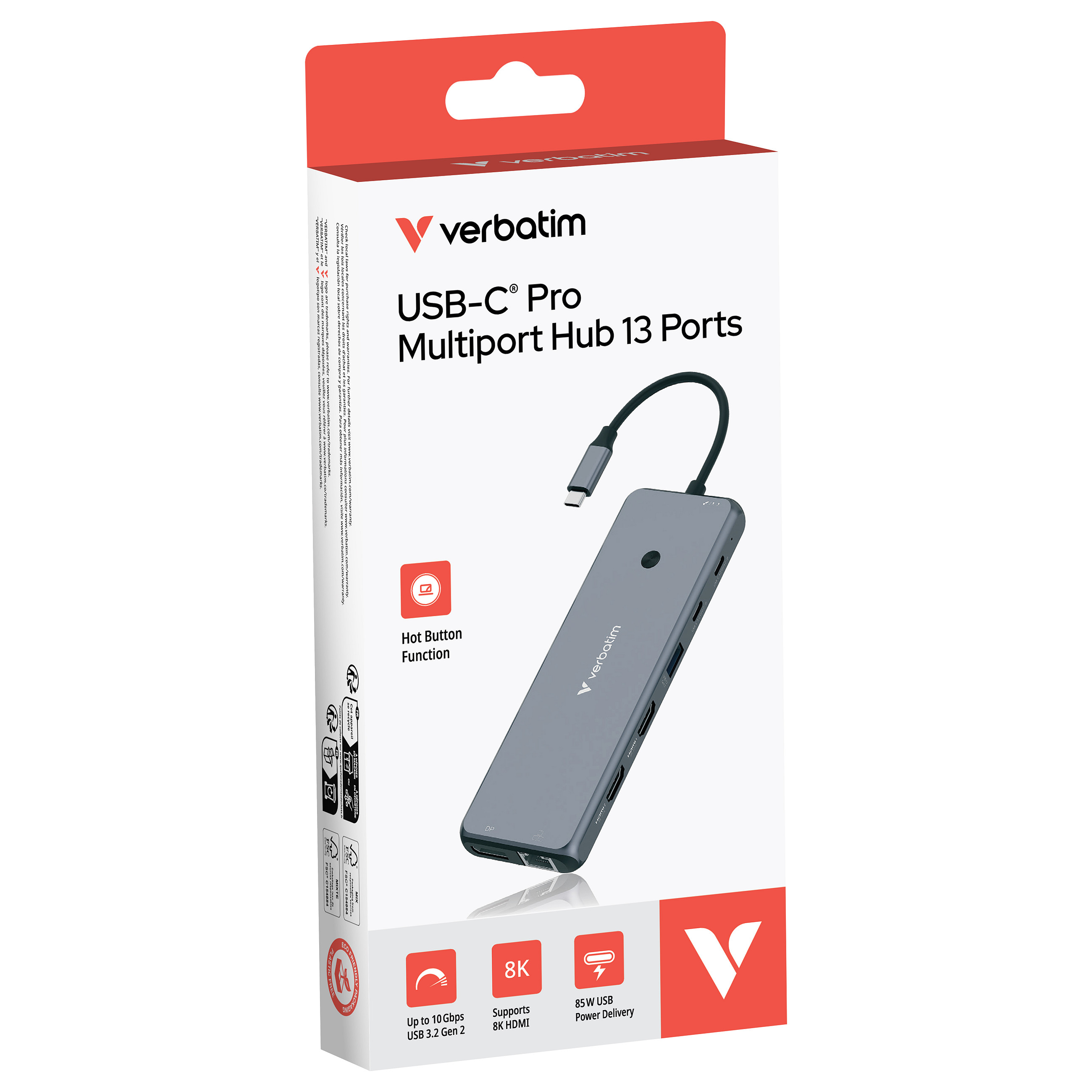 Hub USB-C Verbatim CMH-13, 2× HDMI, DisplayPort, RJ-45, 6× USB-A, 2× USB-C PD - Hiri 2