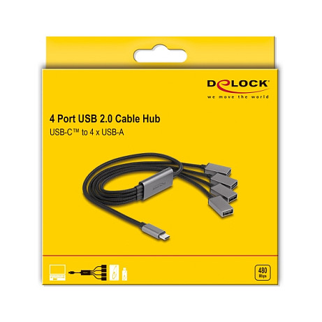 Hub USB DeLOCK 64210, USB 2.0 Type-C mashkull në 4 × USB Type-A femër, 480 Mb/s, 60 cm - Zezë/Hiri 3