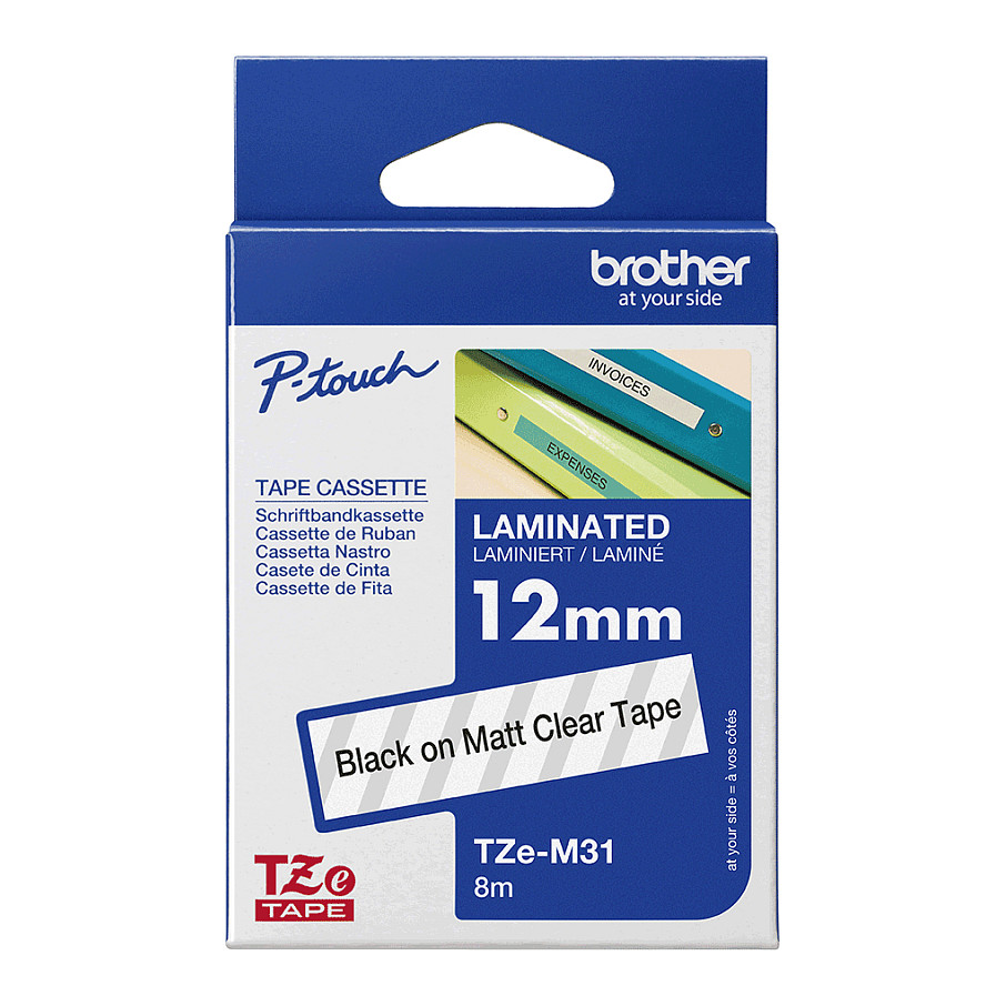 Shirit për printer etiketash Brother TZe-M31, 12 mm × 8 m, tekst i zi - Transparente 4