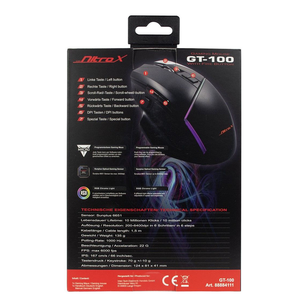 Maus Gaming me Kabllo Inter-Tech Nitrox GT-100 RGB / 200-6400 DPI / 7 Butona / 1000 Hz / USB 2.0 / 135 g – Zezë 8