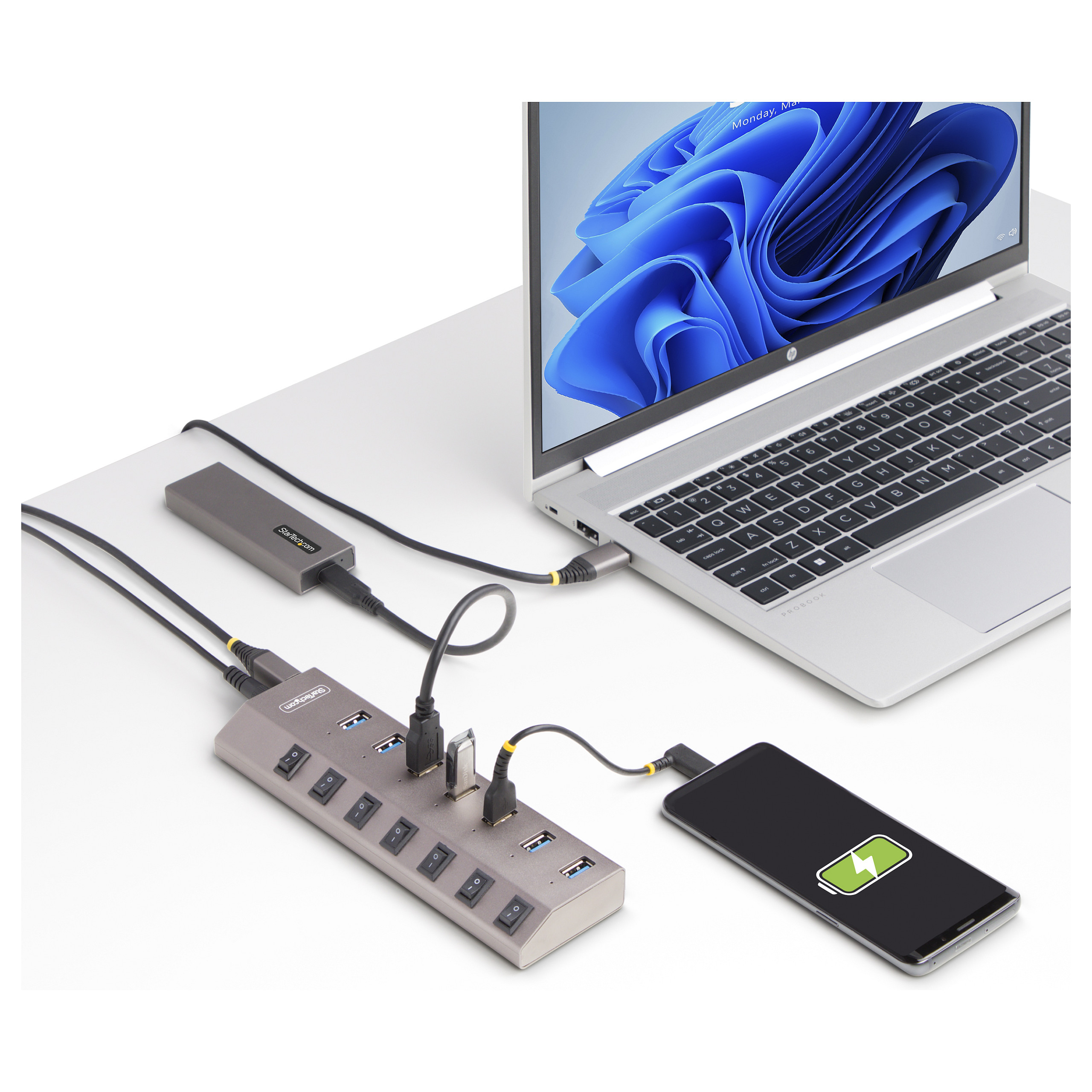 Hub USB StarTech.com 5G7AIBS-USB-HUB-EU, 7× USB-A, USB 3.2 Gen 1, 5 Gbps, Ndërprerës Individualë, Adapter 65 W – Gri 10