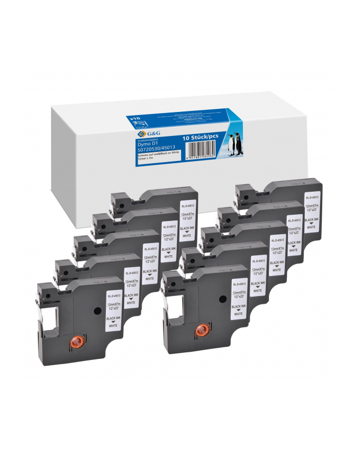 Shirit për Printer G&G 19332 / 10 Copë / Kompatibil me DYMO D1 / 45013 / S0720530 / I Laminuar / 12 mm × 7 m / Shkrim i Zi mbi të Bardhë