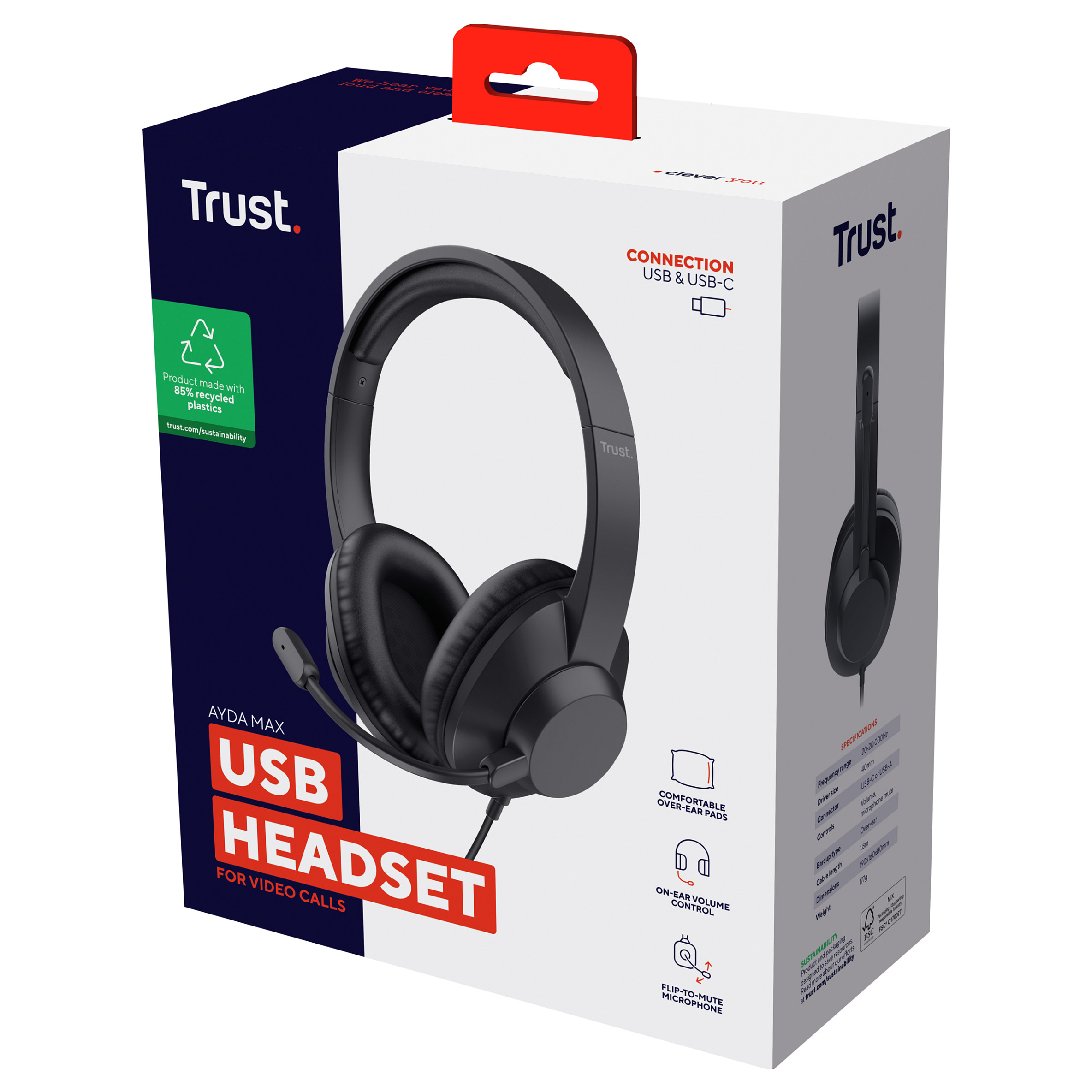 Kufje me kabllo Trust Ayda Max, USB-C, USB-A, 40mm, Mikrofon - Zezë 7