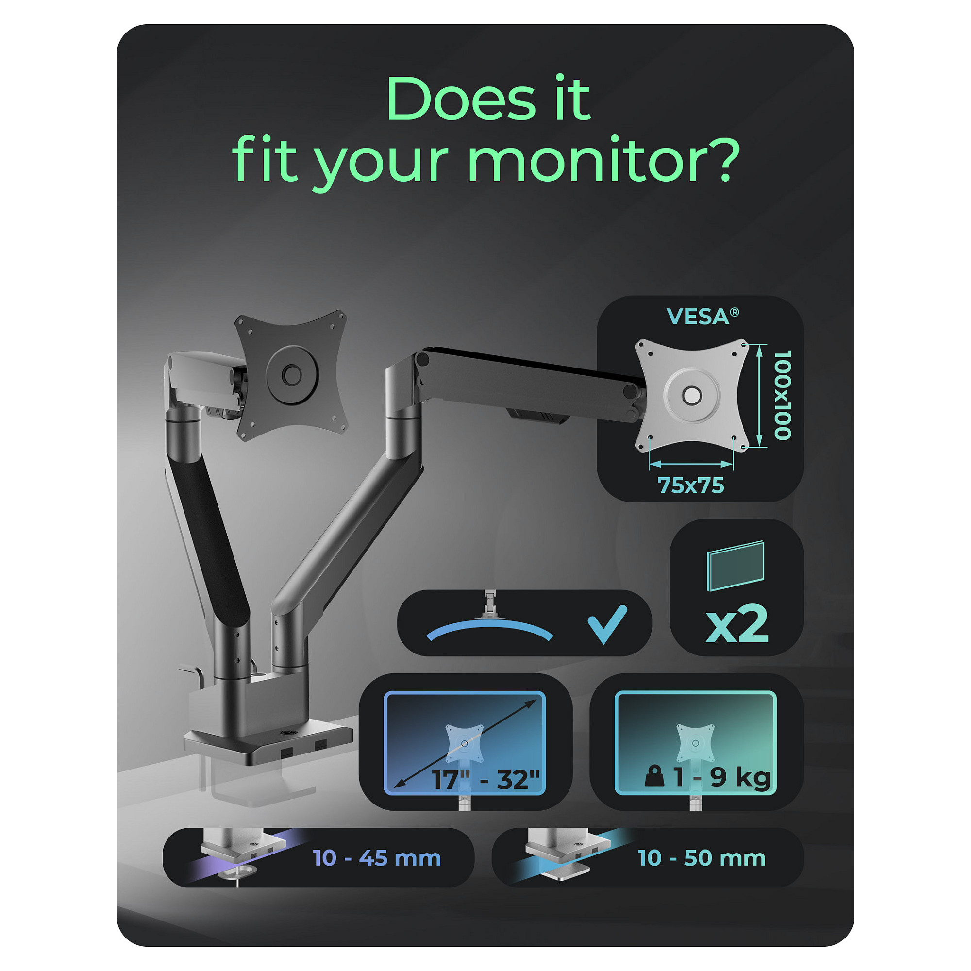 Mbajtëse për Monitor ICY BOX IB-MS524-T , 2 Monitorë , 17–32" , deri 9kg për monitor , sustë gazi , VESA 75x75 & 100x100 - Argjend/Gri 6