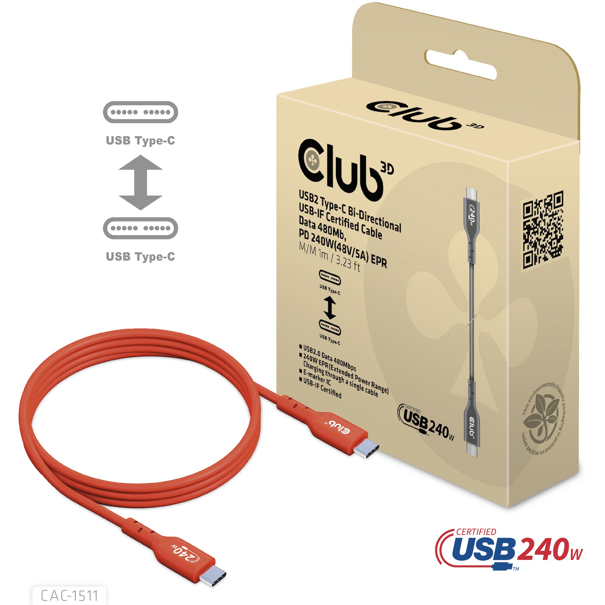 Kabllo USB-C CLUB3D CAC-1515, USB-C në USB-C, 4 m, USB 2.0, 480 Mbps, PD 240 W – Portokalli 5