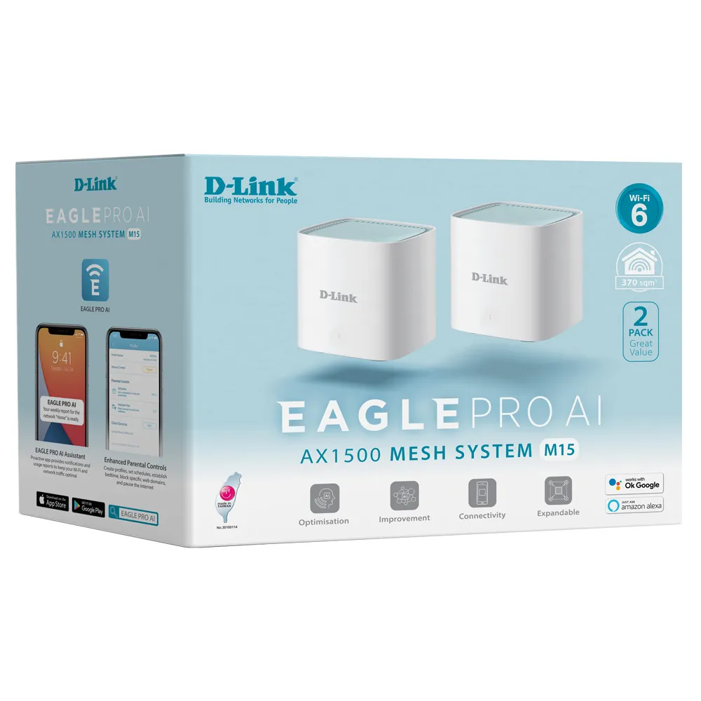 D-Link EAGLE PRO AI M15 AX1500 Wi-Fi 6 Mesh Router – Dual-Band, 2× Gigabit Ethernet, WPA3 – Bardhë 2
