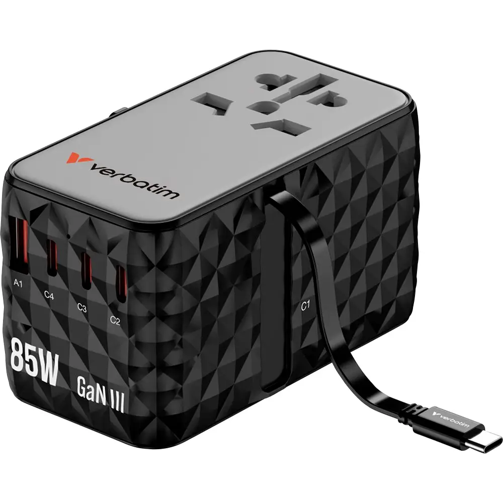 Adapter Universal për Udhëtime Verbatim Charge 'n' Travel 100W GaN III, USB-C, 2 x USB-C, 2 x USB-A, Kabllo USB-C e Integruar - Zezë 4