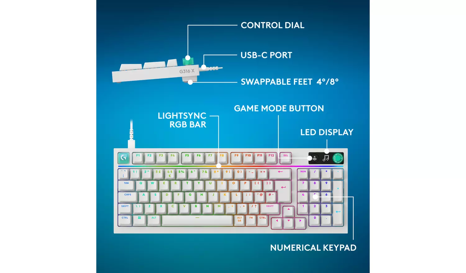 Tastierë Gaming Logitech G316 X 98 / Wired / Mekanike / 98% / Hot-Swappable / Linear & Tactile / LIGHTSYNC RGB / USB-C – Bardhë 10