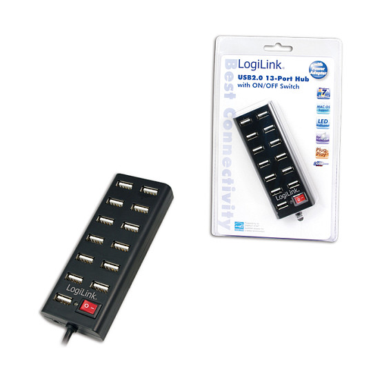 Hub USB-A LogiLink UA0126, 13x USB-A, USB 2.0, 480Mbps, furnizim 5V/3.5A, çelës ON/OFF - Zezë 2