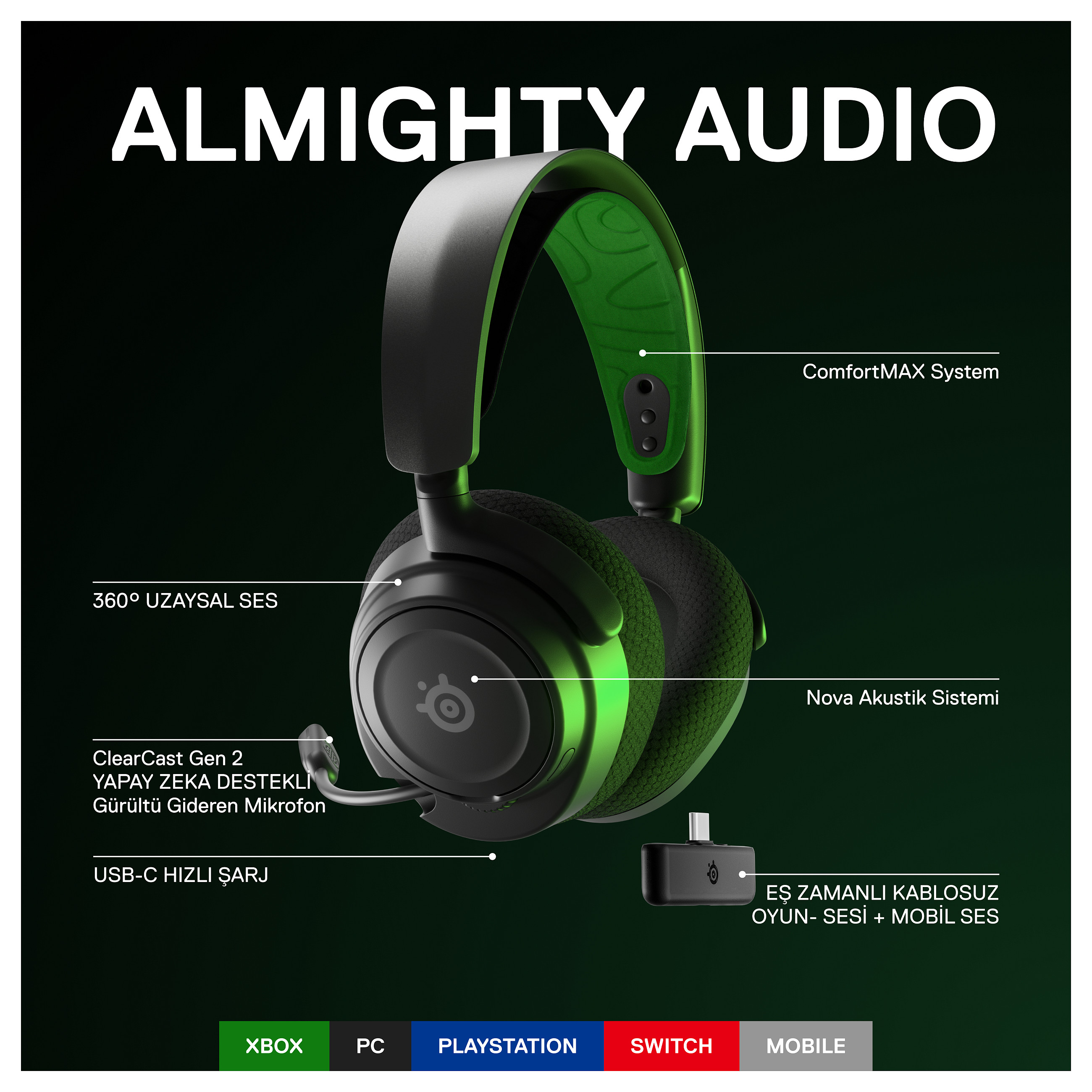 Kufje Gaming SteelSeries Arctis Nova 7X / Pa Kabllo / 2.4 GHz + Bluetooth / 20–22.000 Hz - Zezë/Gjelbër 7