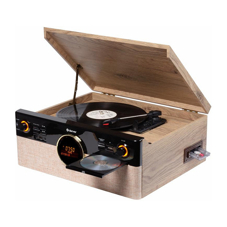 Gramafon Denver MRD-180, 3 Shpejtësi, CD, Kasetë, DAB+, FM, Bluetooth, USB - Zezë, Dru