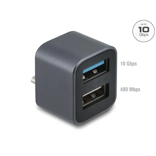 Hub USB Delock 64359 , USB-C Mashkull në 1x USB-A 10Gbps dhe 1x USB-A 2.0 , 10Gbps , Metal , 25mm - Gri 2