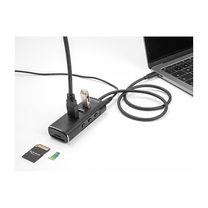 Hub USB DeLOCK 64234 / USB 10 Gbit/s / 3x USB-A / SD + Micro SD / USB-C / 0.6 m / Ndërprerës - Zezë 4