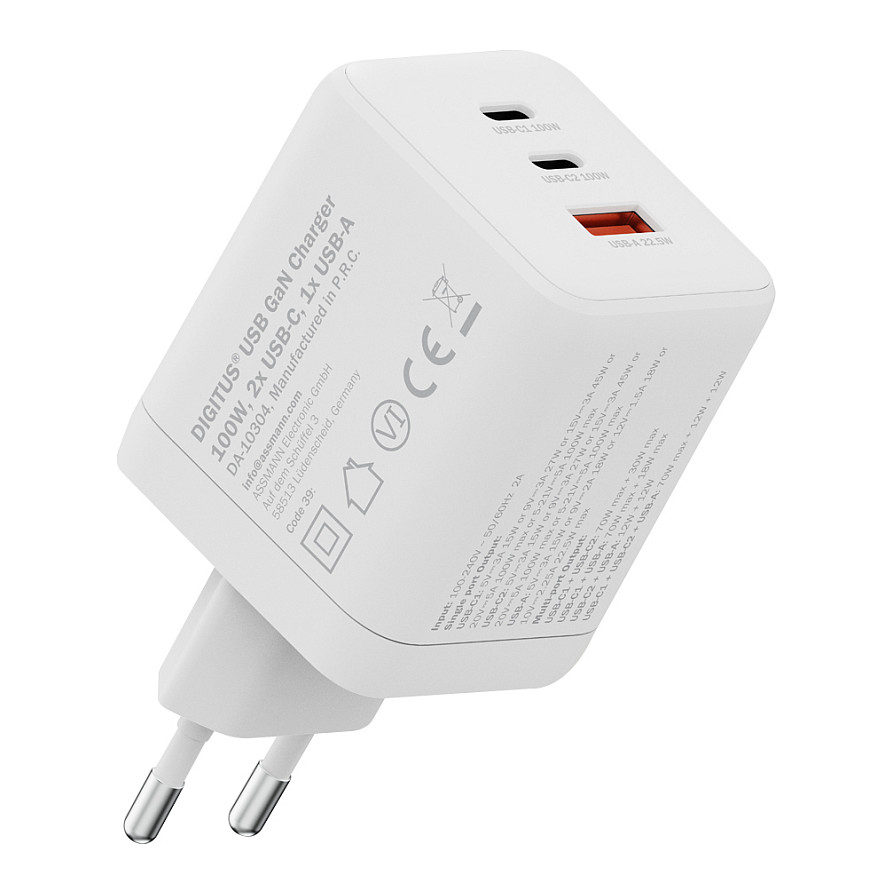 Adapter Digitus DA-10304 / 100W / GaN / 2x USB-C + 1x USB-A / Fast Charging - Bardhë thumbnail 6