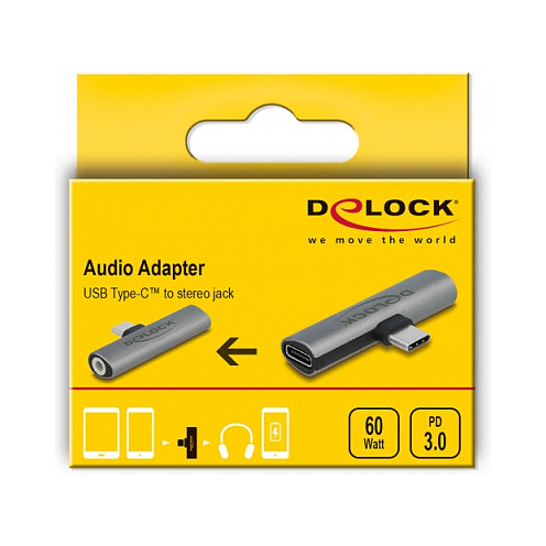 Adapter Audio USB DeLOCK 64186 / USB Type-C Mashkull në Jack 3.5 mm Femër + USB Type-C Femër / PD 3.0 / 60 W - Gri 3