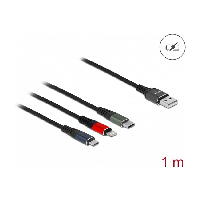 Kabllo USB DeLOCK 87277, USB-A në Lightning, Micro-B dhe USB-C, USB 2.0, 3-në-1, 1 m - Shumëngjyrëshe 2