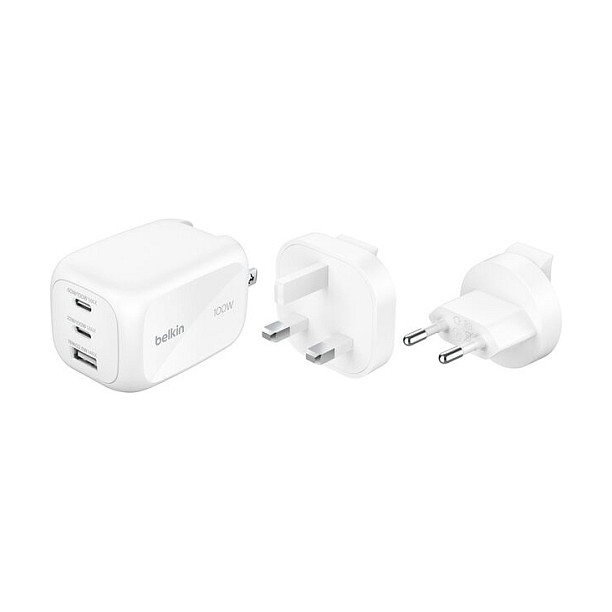 Adapter Belkin BoostCharge Pro, GaN, 2x USB-C, 1x USB-A, Power Delivery 3.1, PPS, 100W - Bardhë 2