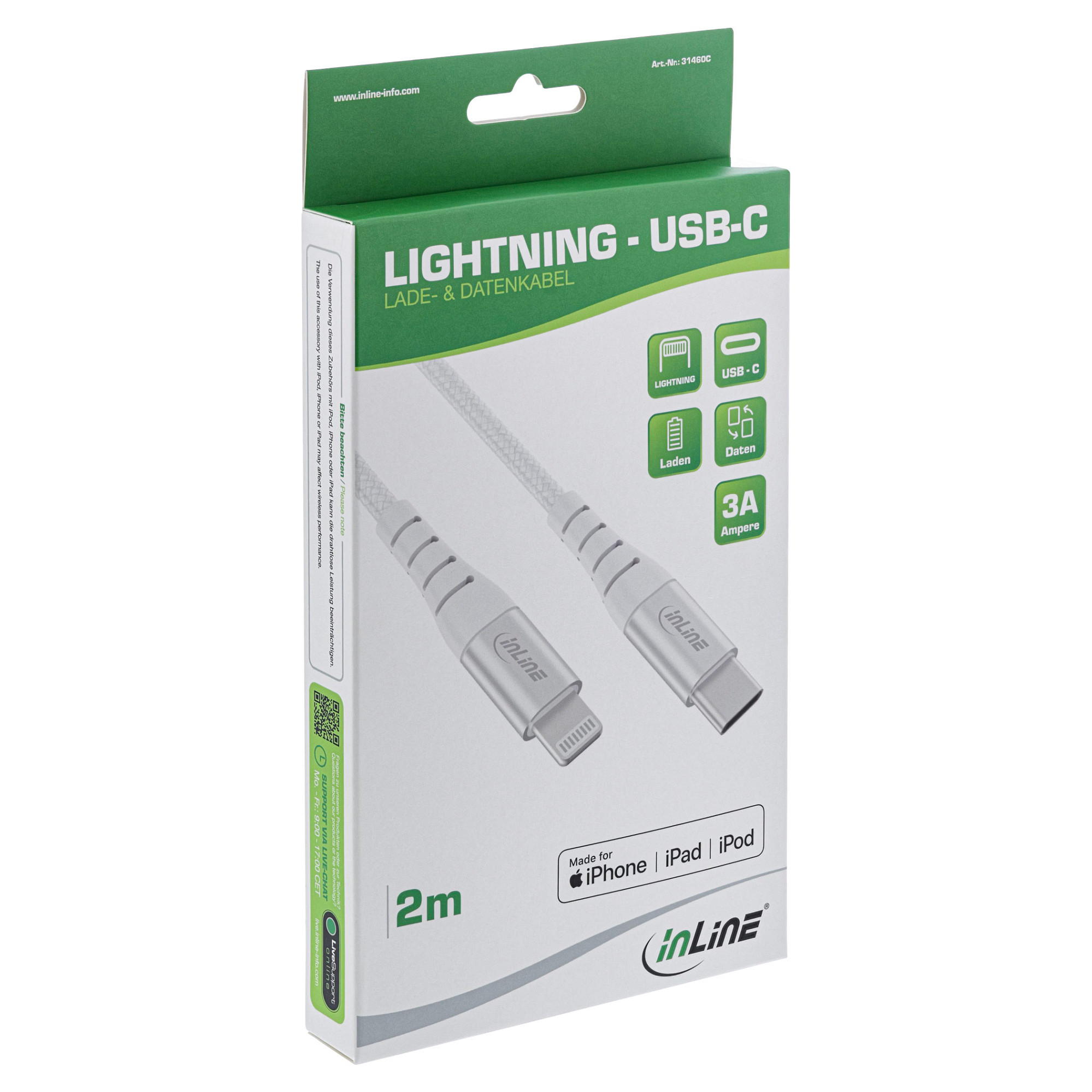 Kabllo USB InLine 31460C, USB-C në Lightning, 2 m, USB 2.0, MFi – Argjend 2